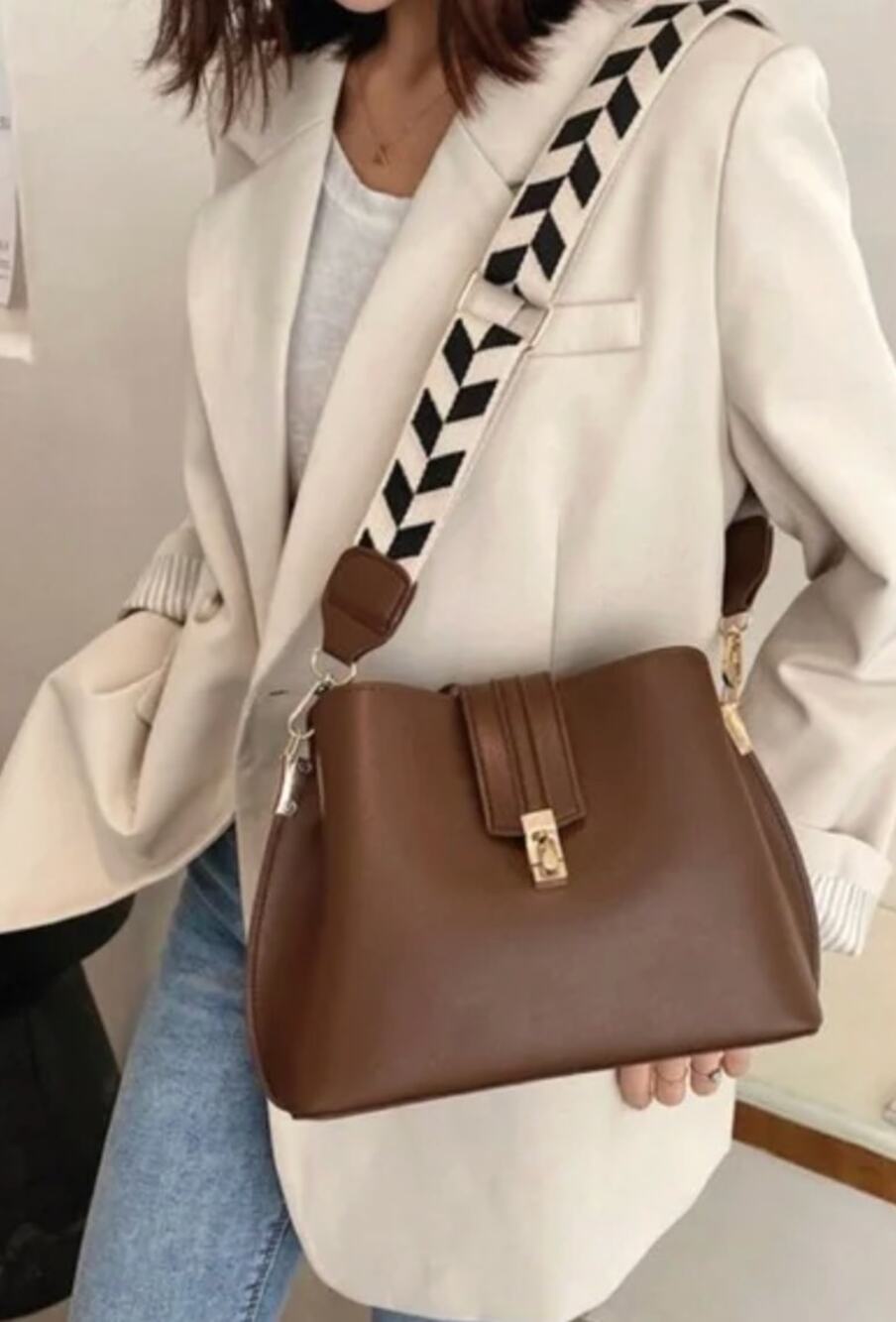 Brown Faux Leather Bag Black Cream Chevron Strap